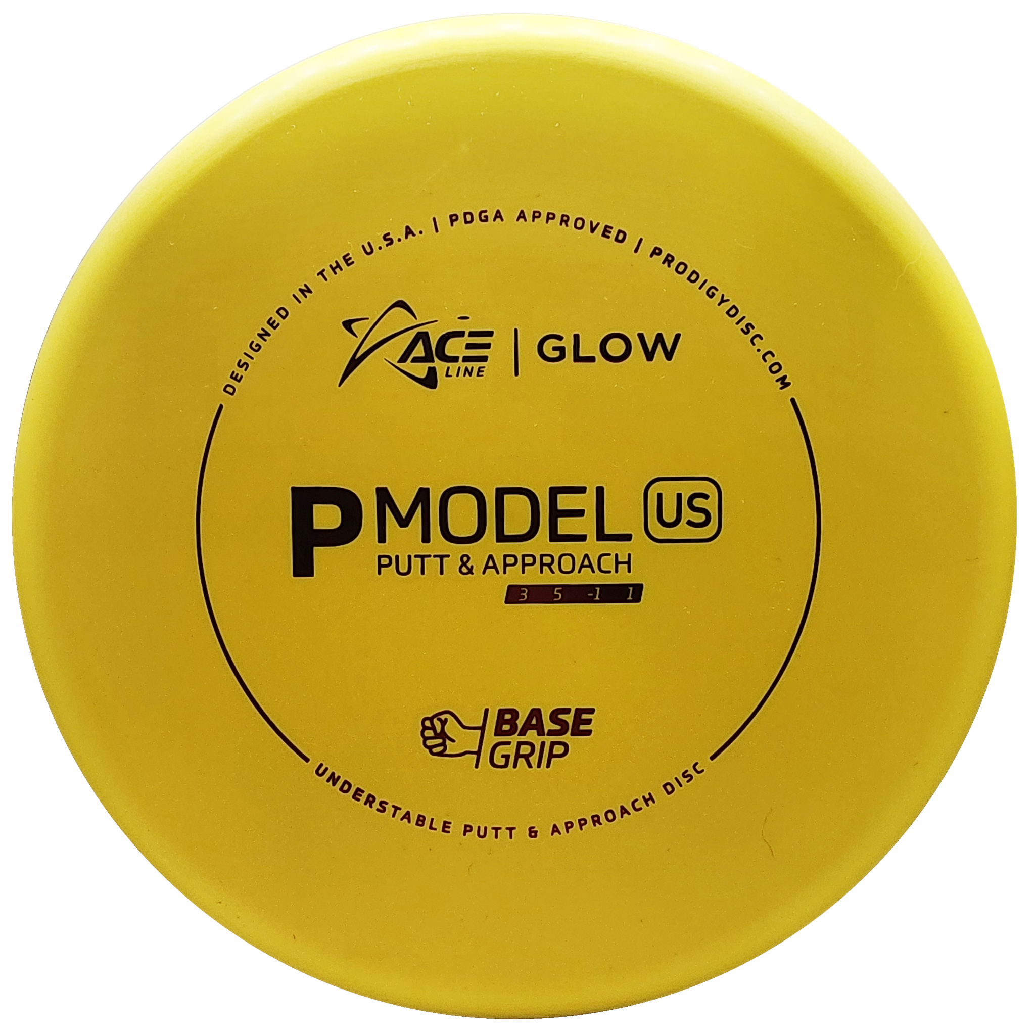 Prodigy: ACE Line P Model US Putt & Approach Disc - BaseGrip GLOW Plastic - Yellow/Red